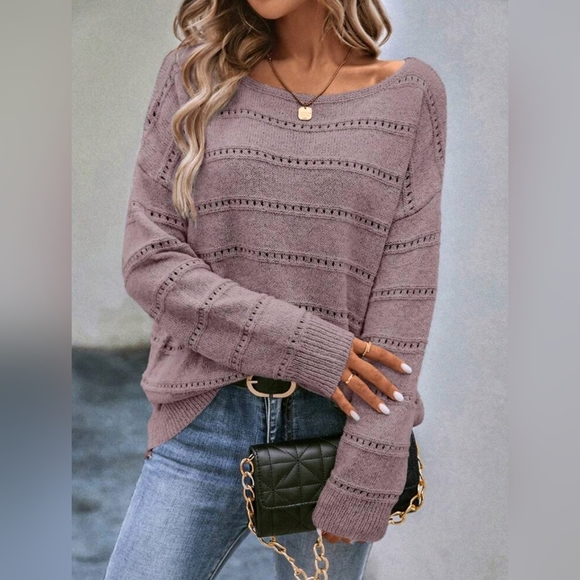New Chic Open Knit Stripe Top Sweater Dusty Pink - Picture 6 of 9
